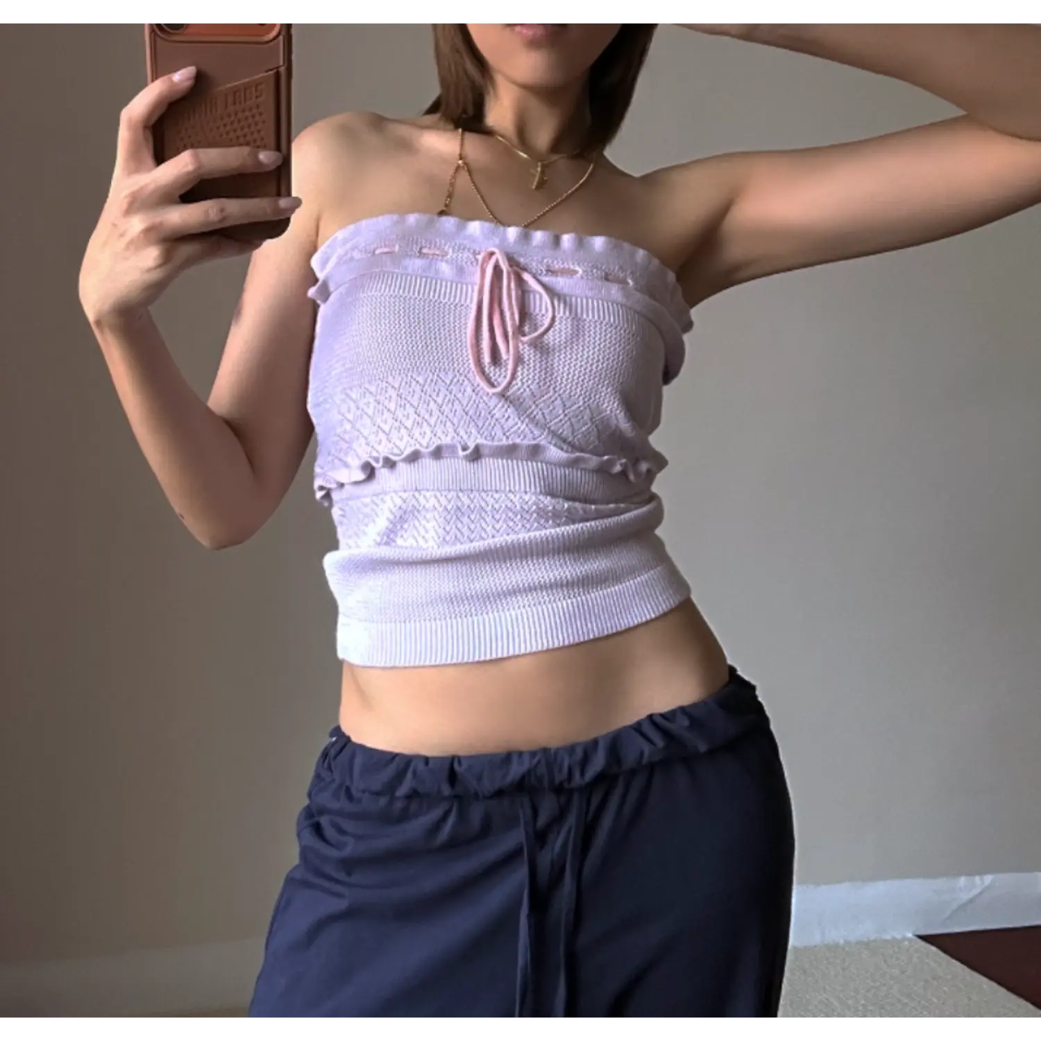 Mirror selfie view, wear without halter straps, hollow diamond knit fabric, ruffle tier detail