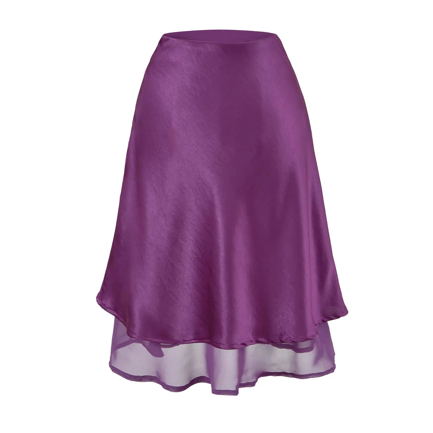 Lavender purple matte satin two-layer mini skirt flat shot, soft mist sheen staggered double hem gentle daily wear short skirt shot