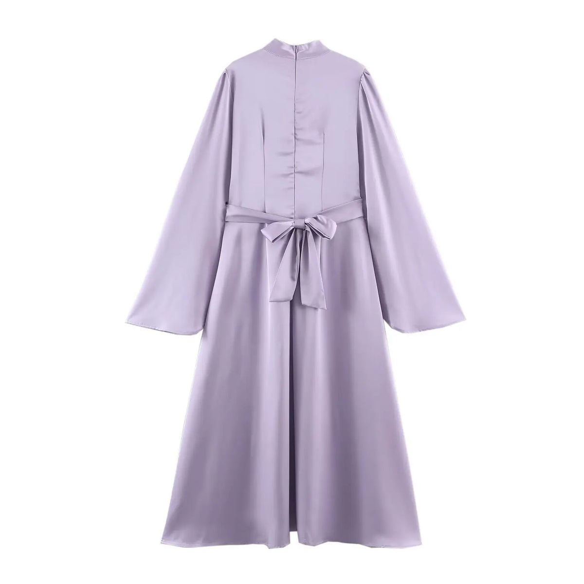 Back flat lay of lavender satin maxi dress with back tie bow