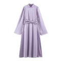 Front flat lay of lavender satin twist waist mock neck maxi dress