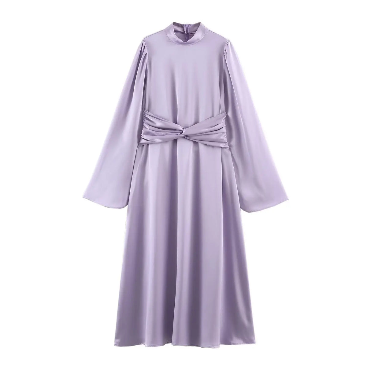 Front flat lay of lavender satin twist waist mock neck maxi dress