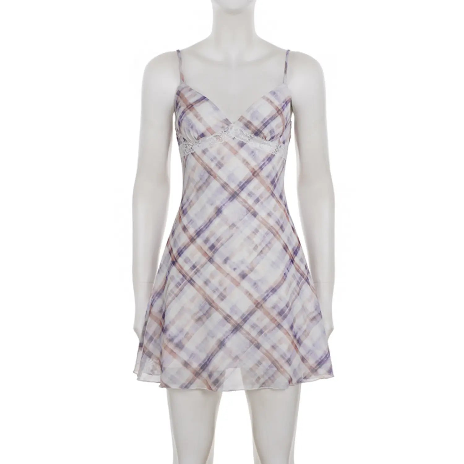 Full front white studio mannequin shot of sheer mesh slip mini dress, deep V neck, delicate white scalloped lace underbust trim, adjustable thin matching plaid straps, blurred diagonal watercolor plaid print