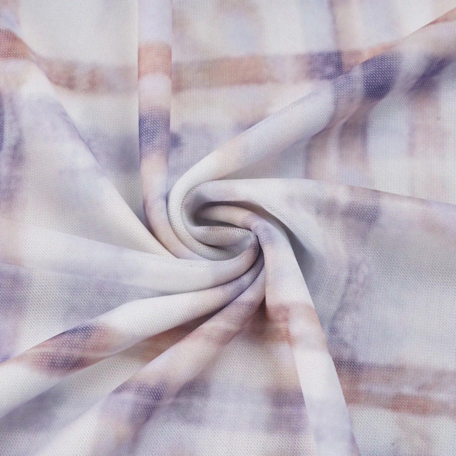 Twisted folded macro close shot of lightweight sheer mesh fabric, blurred watercolor diagonal plaid pattern with muted purple and warm tan tones, soft breathable stretch texture