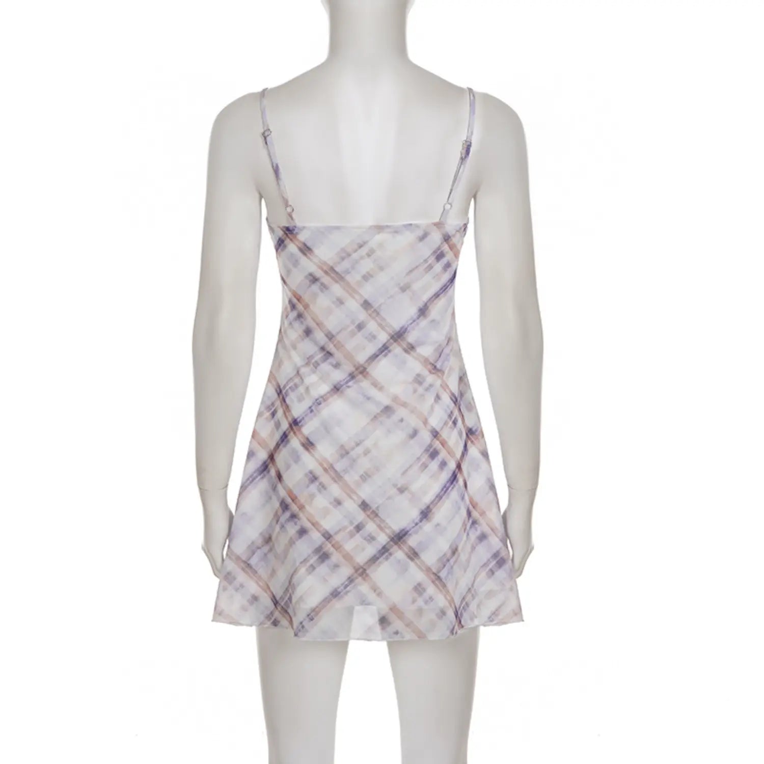 Full back white studio mannequin shot of mesh slip mini dress, thin fully adjustable spaghetti straps, soft watercolor diagonal plaid print in lavender and tan, flowy ruffled mini hem