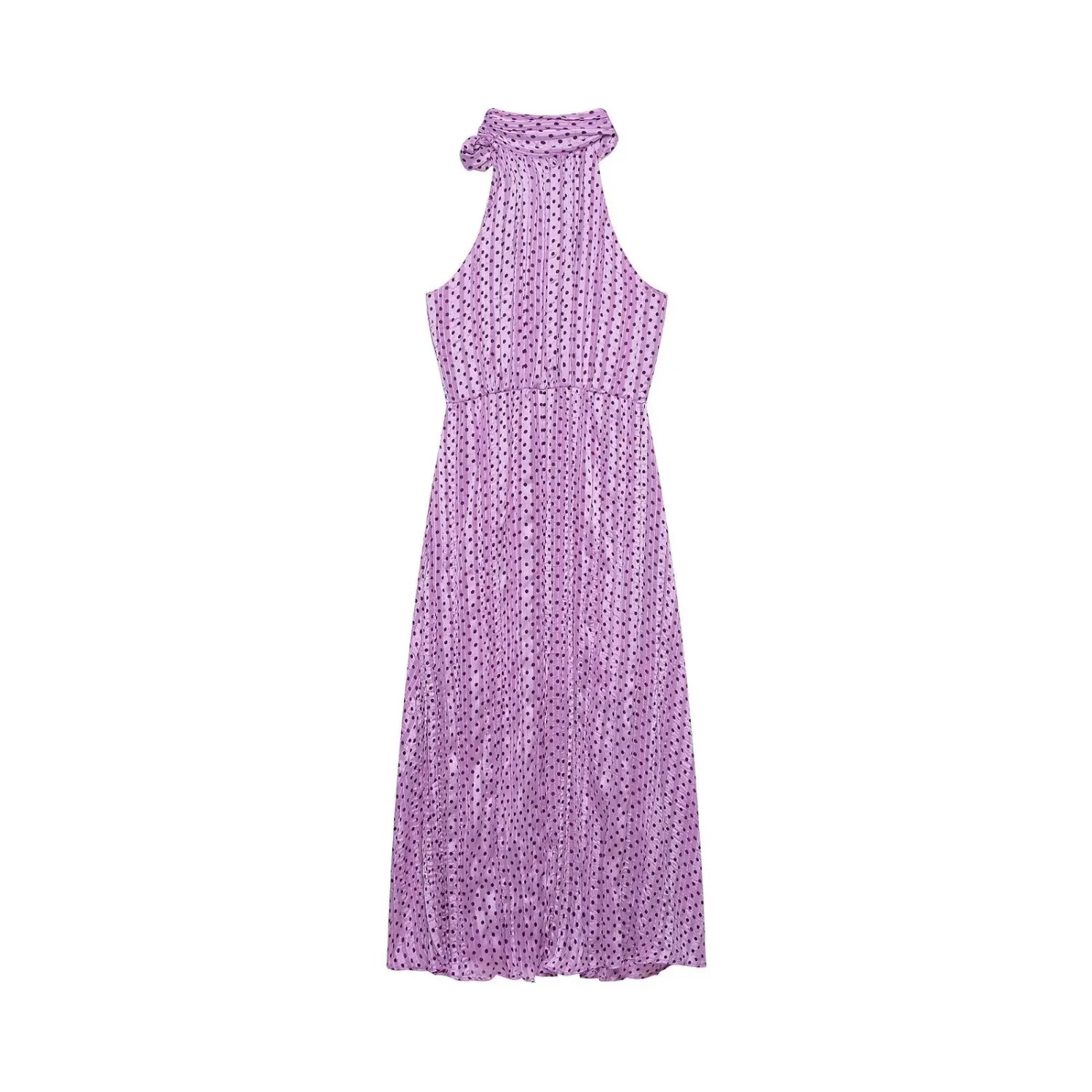 Back full view of lavender polka dot halter maxi dress