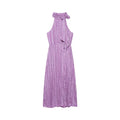 Front full view of lavender polka dot halter maxi dress with ruffle neck