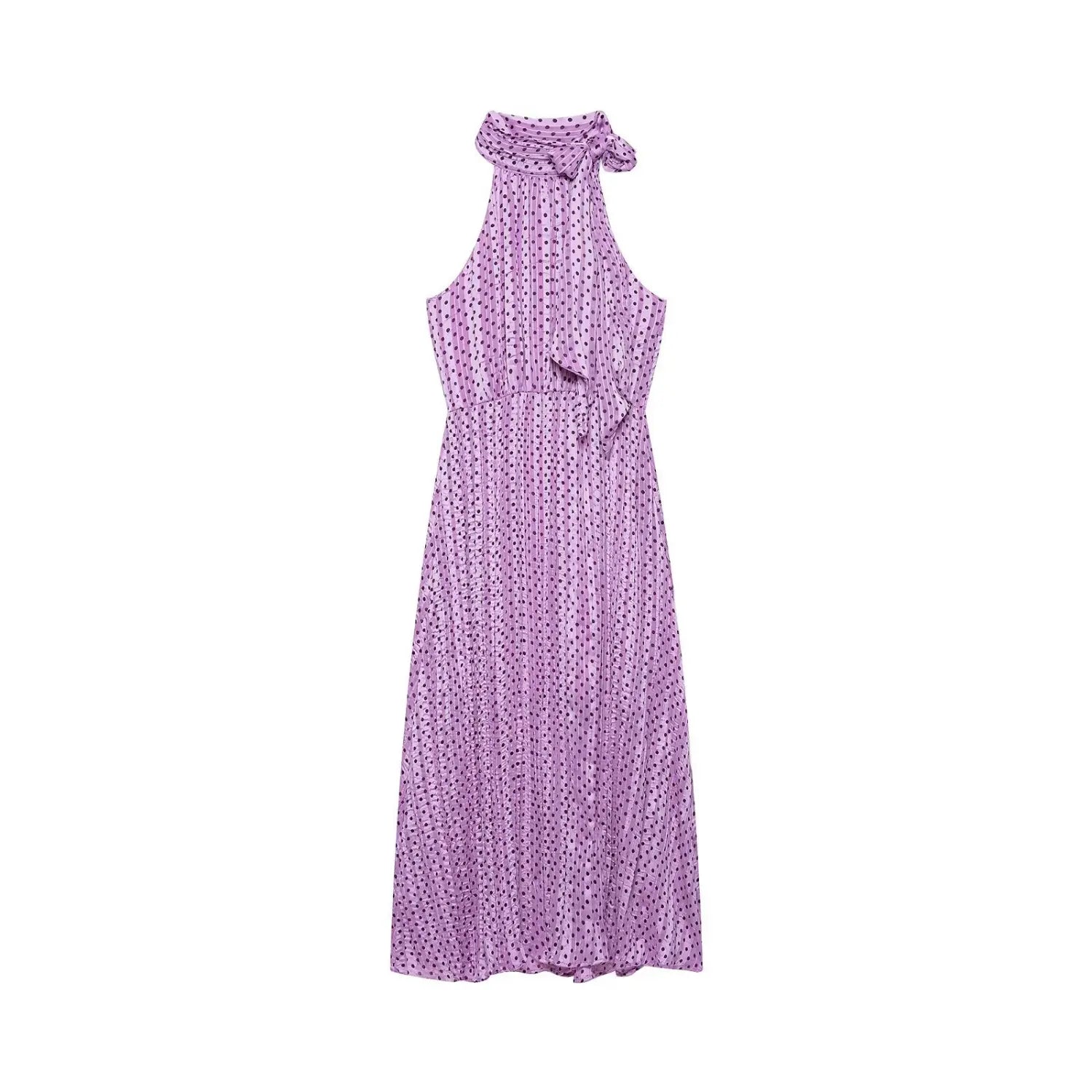 Front full view of lavender polka dot halter maxi dress with ruffle neck