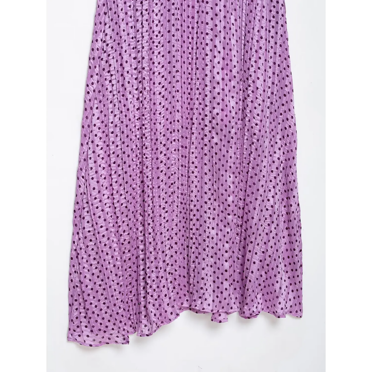 Close‑up of flowy skirt hem with polka dot print