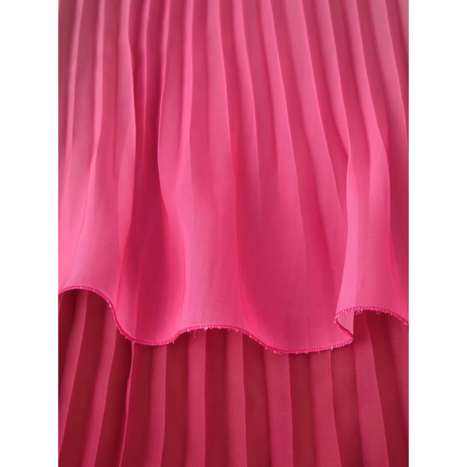 Vertical pleated chiffon layered skirt fabric detail, gradient pink maxi dress