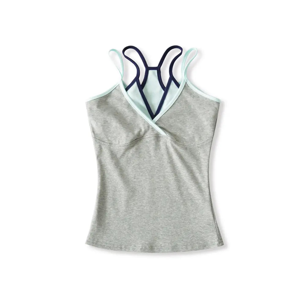 Full front view on white background of the layered gray and light blue camisole top