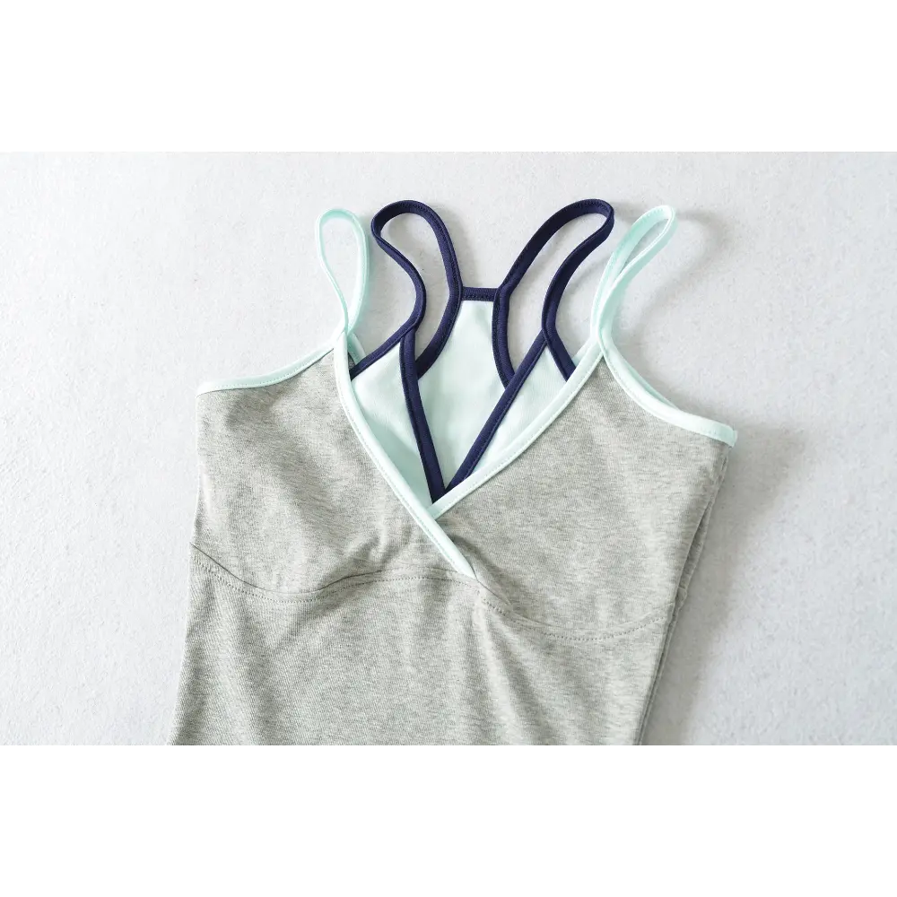 Close-up of the V-neck and layered color design on the gray and light blue camisole