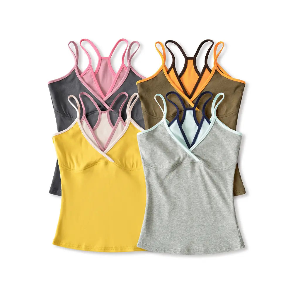 Full view of the multi-color set (gray/black/yellow/brown) layered camisole tops