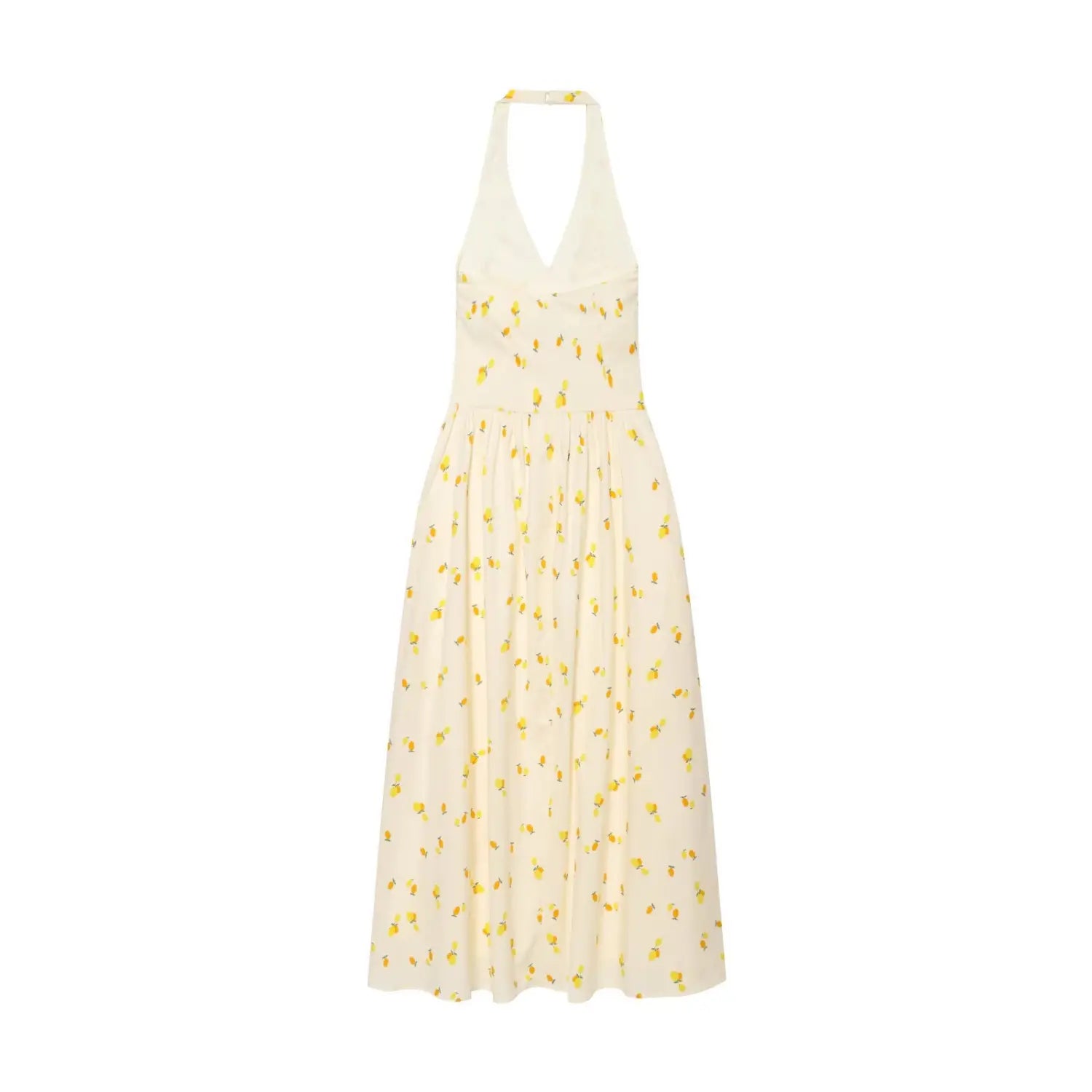 Back flat lay shot cream halter midi dress, open back halter neck design