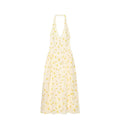 Front flat lay view cream halter midi dress, deep V neck, scattered lemon print, gathered waist side pockets