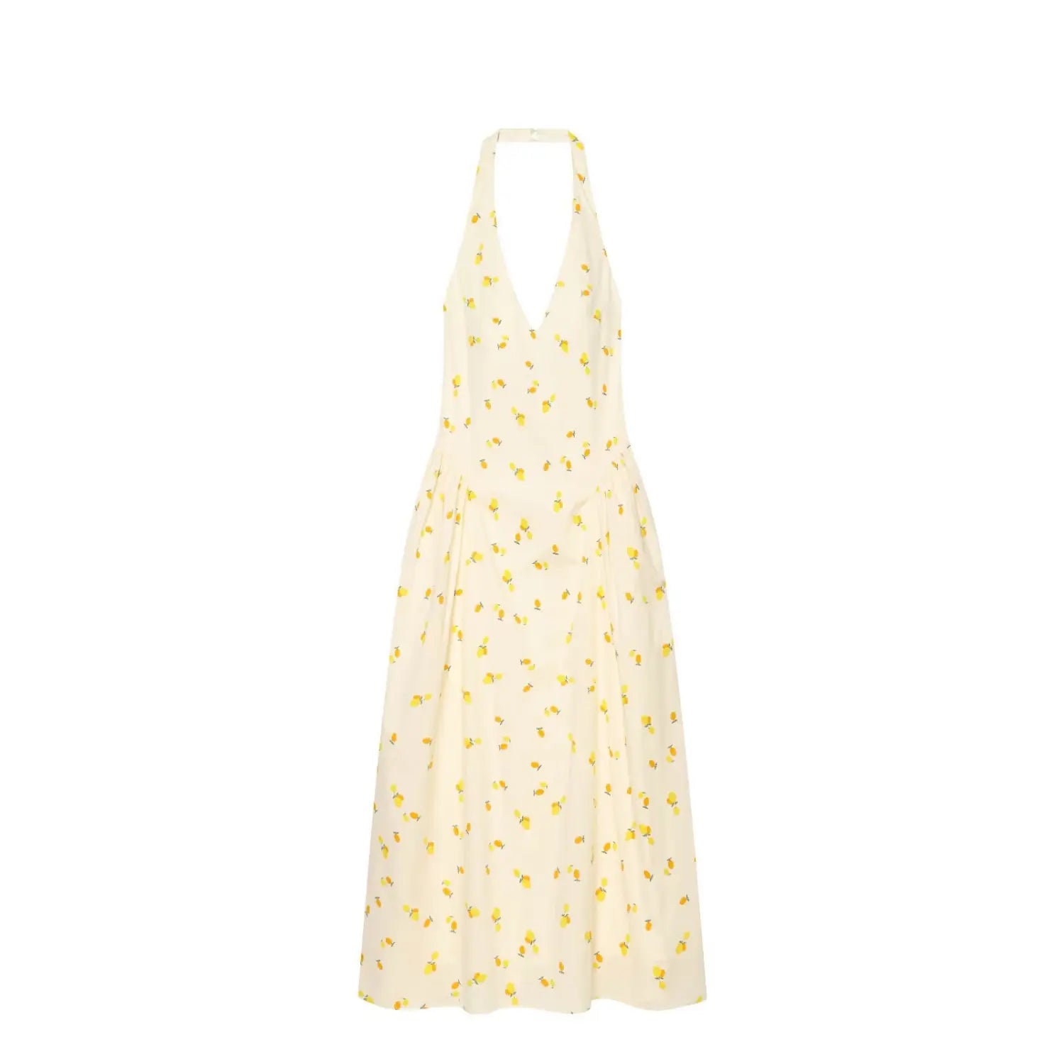 Front flat lay view cream halter midi dress, deep V neck, scattered lemon print, gathered waist side pockets