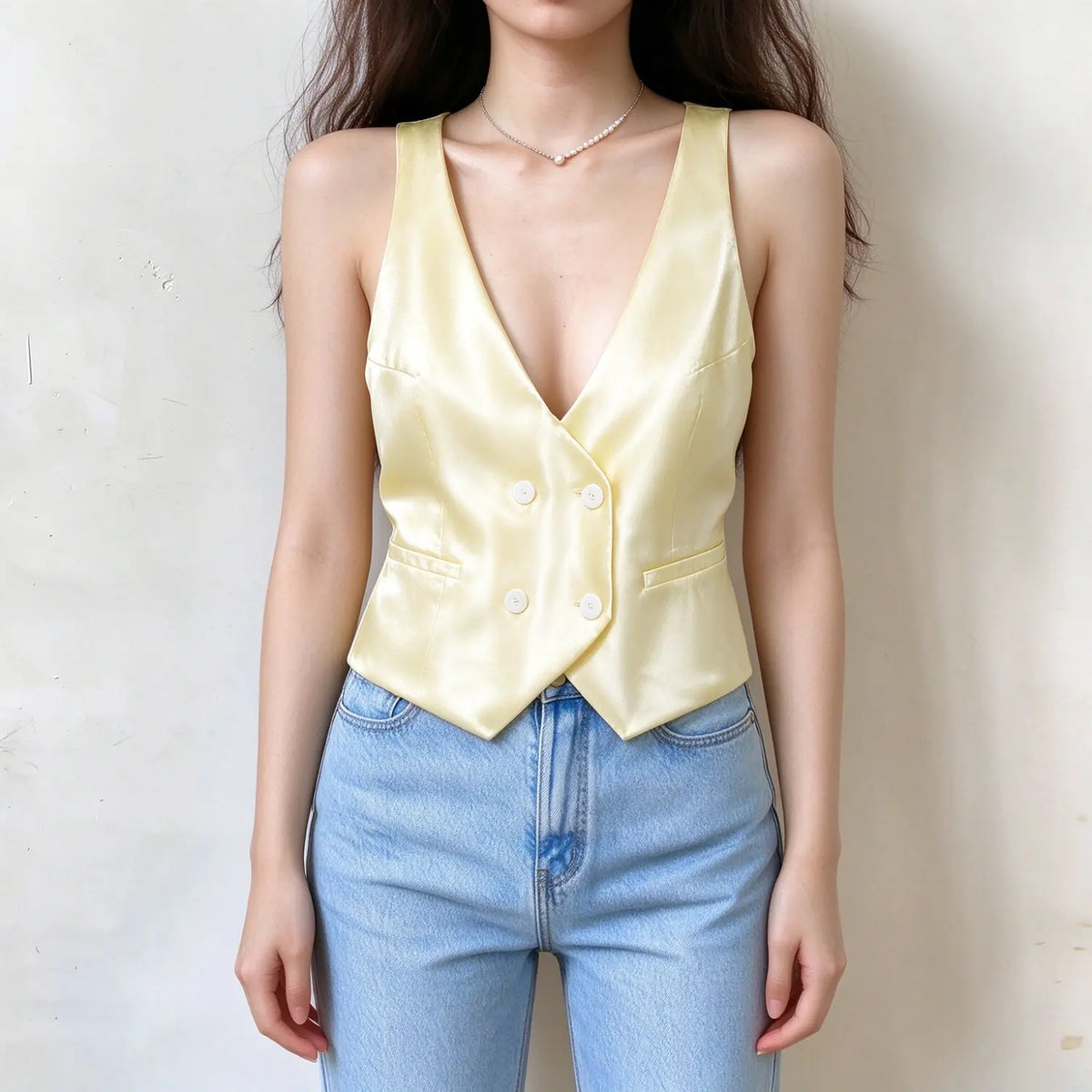 Model wearing lemon satin racerback double breasted waistcoat with jeans, front view