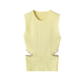 Flat lay front view round neck slim fit cutout bead knit sleeveless top