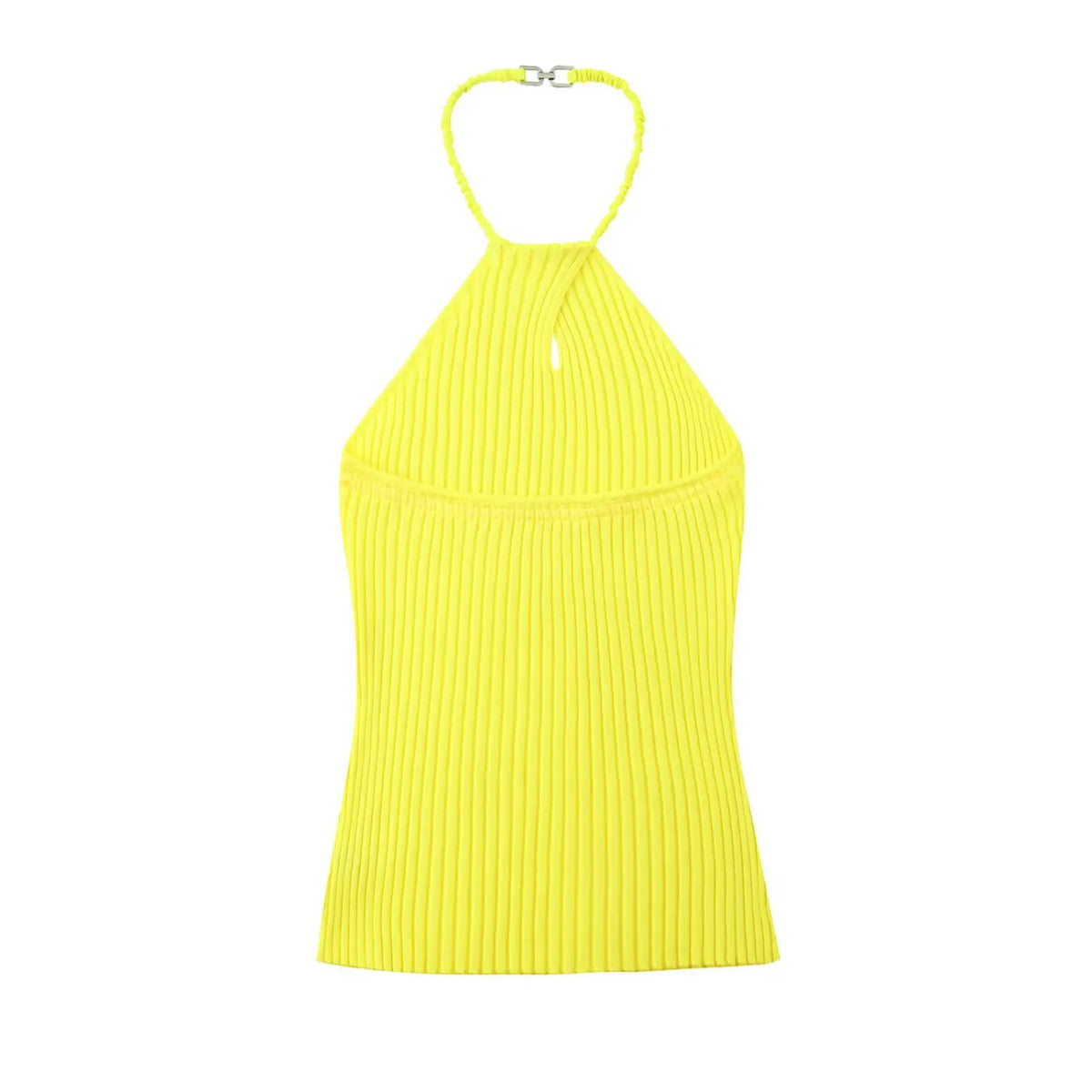 Back flat lay of lemon yellow ribbed knit halter top