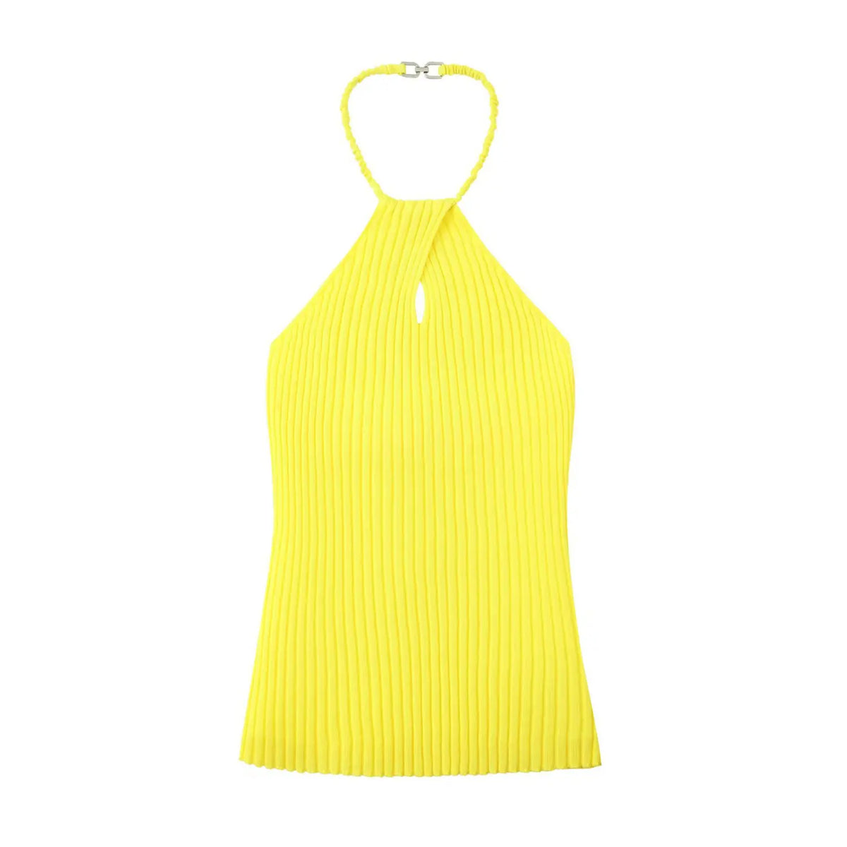 Front flat lay of lemon yellow ribbed knit halter top