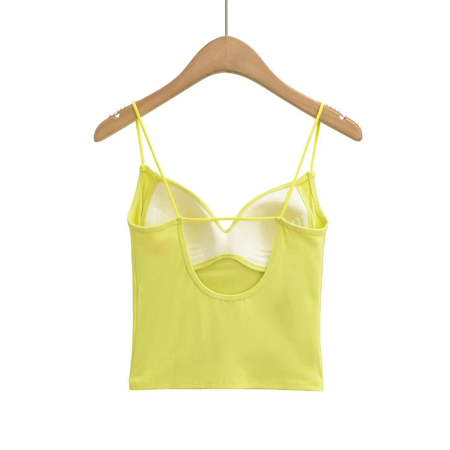 Lemon yellow spaghetti strap backless camisole full back hanger plain white flat lay, wide u open back front thin tie strap built-in breathable padded bra rib slim cropped solid tank main product shot