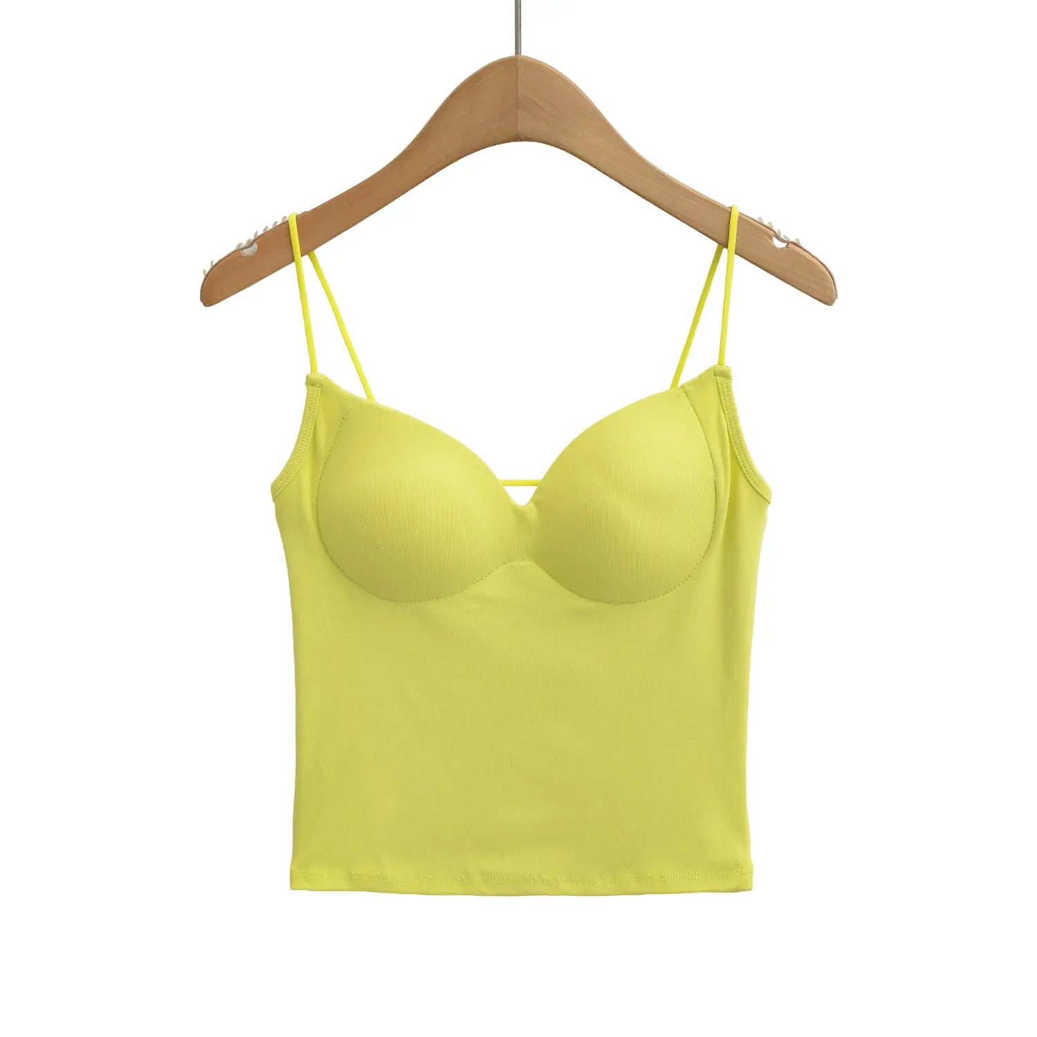 Lemon yellow v-neck padded spaghetti camisole front hanger plain white flat lay, ultra thin elastic straps deep v molded bra front thin cross tie waist cinched cropped rib knit solid top product shot
