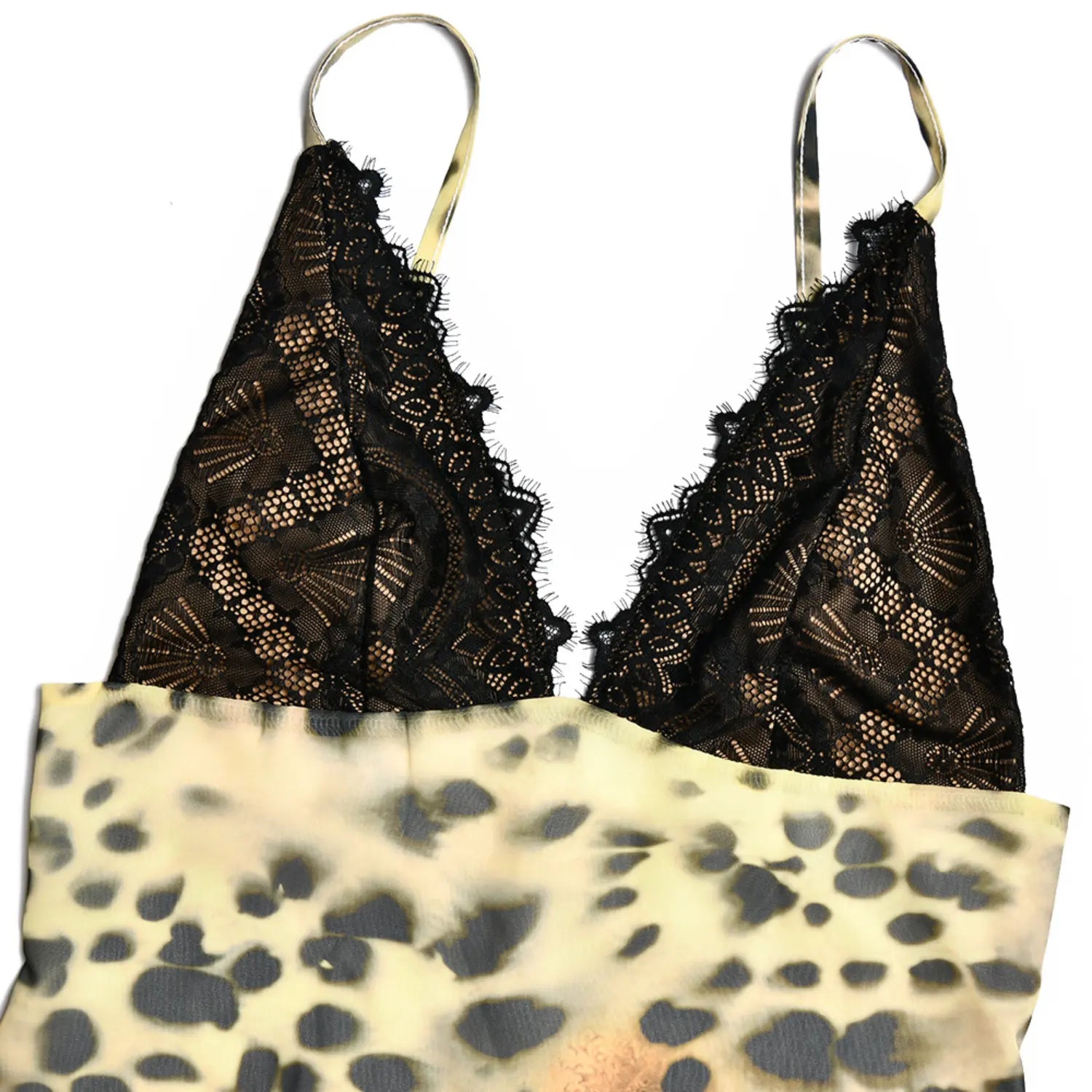 Close up of black eyelash lace bust detail on cheetah print cami mini dress