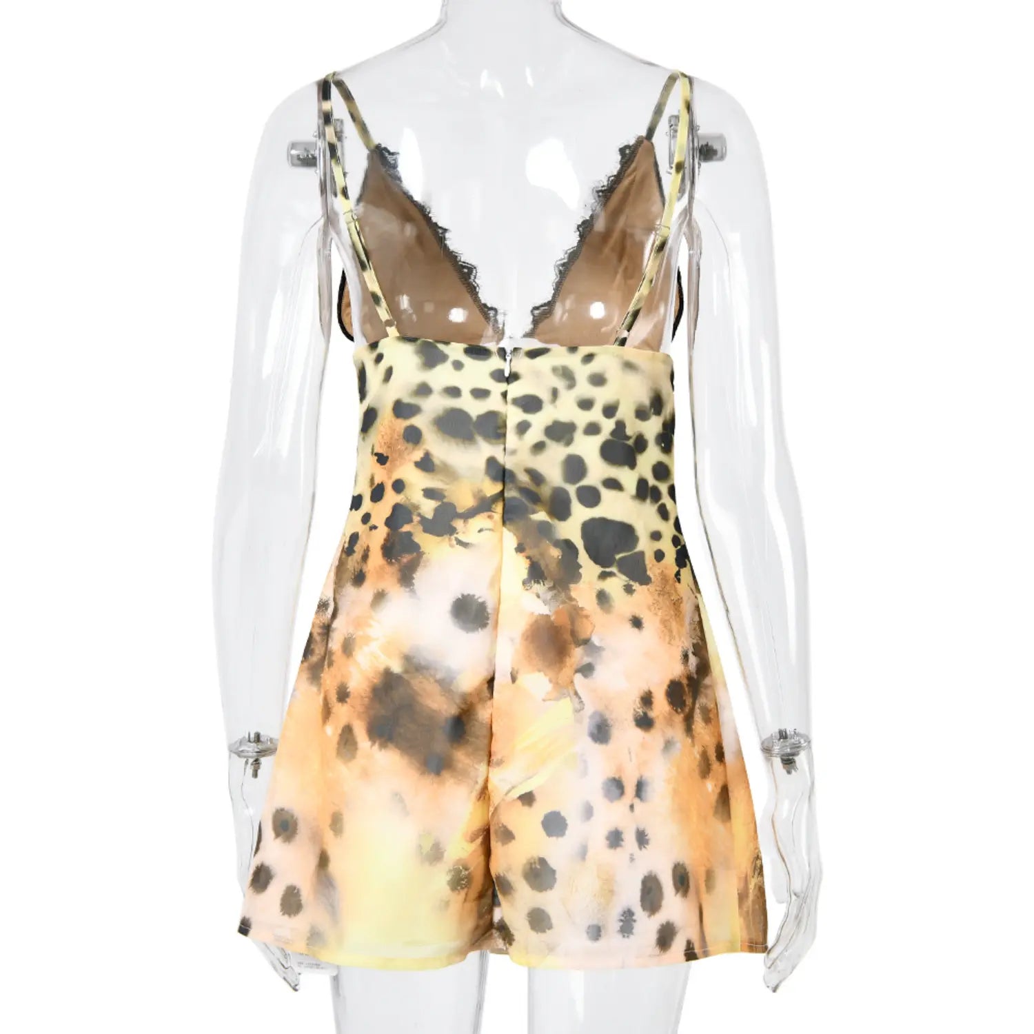 Back view leopard print slip dress with invisible zipper, lace deep v cami nightgown for women