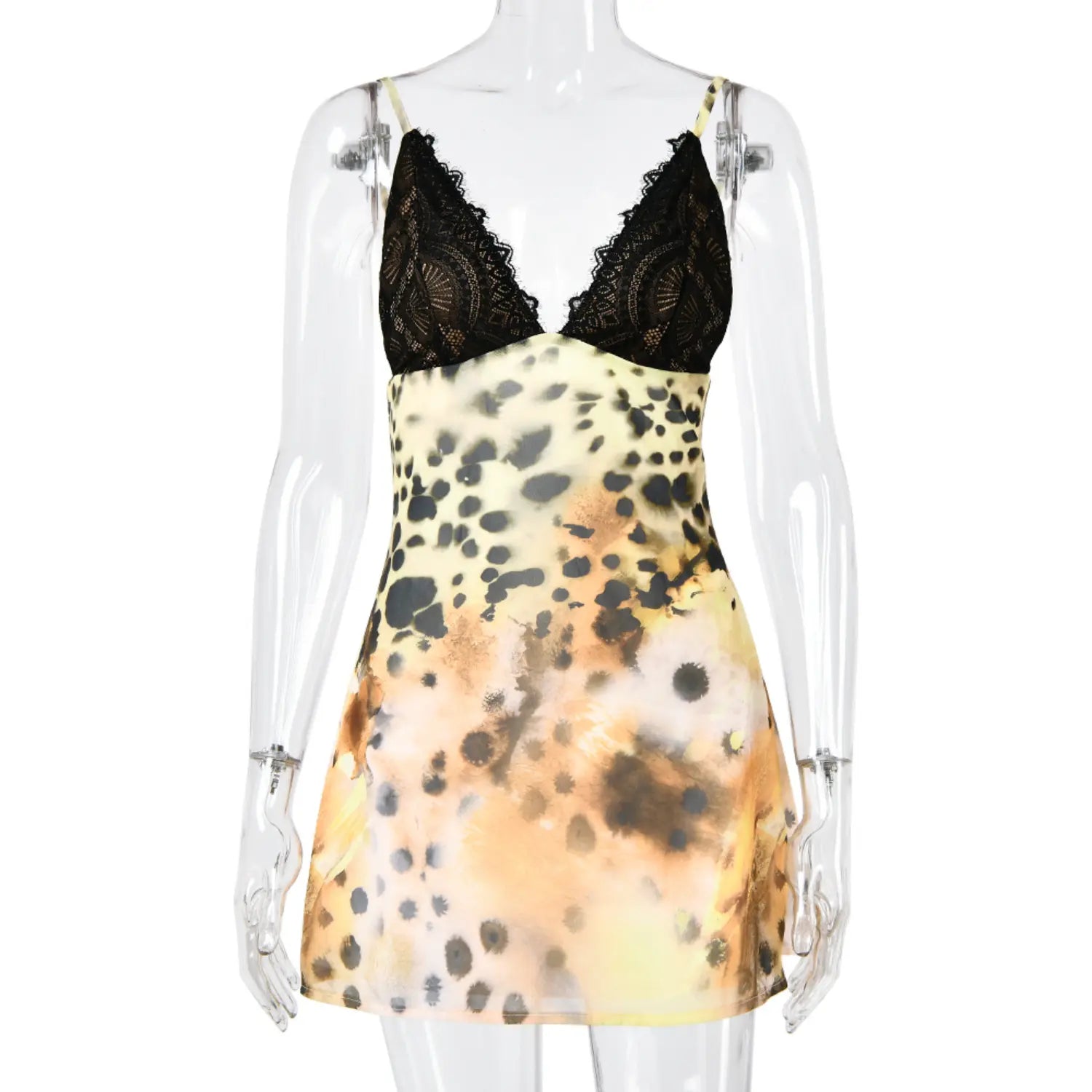 Women leopard print slip mini dress with black eyelash lace deep v neck, adjustable spaghetti straps front view