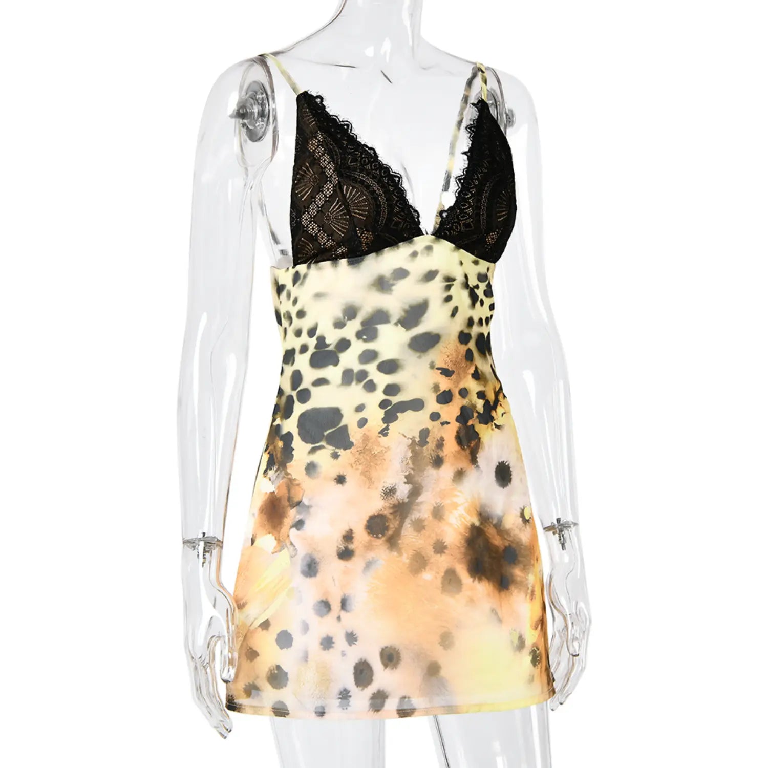 Sexy leopard lace cami mini dress side shot, vintage gradient cheetah print bodycon short dress