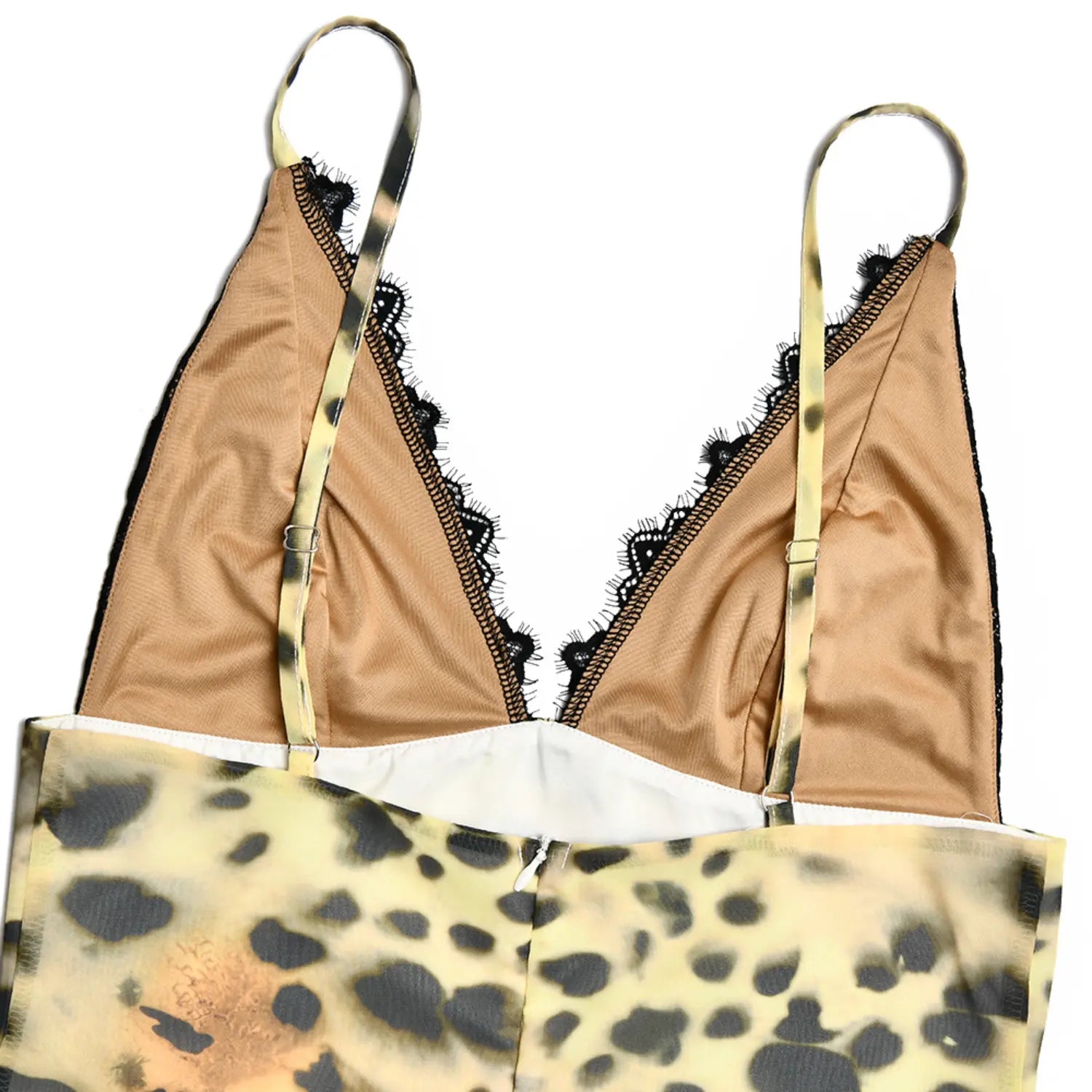 Inner lining and adjustable strap closeup, leopard slip mini dress back zipper detail