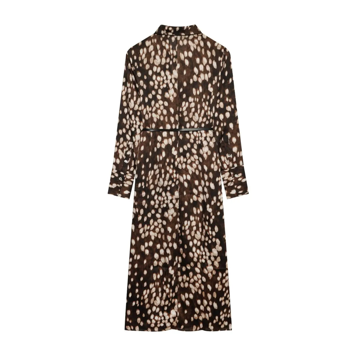 Leopard spot print collared belted midi shirt dress, back flat lay
