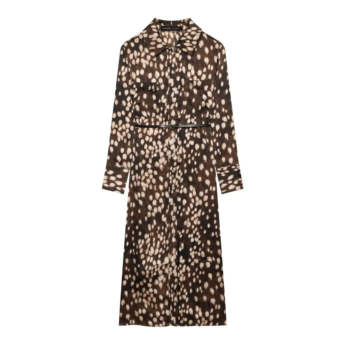Leopard spot print collared belted midi shirt dress, front flat lay