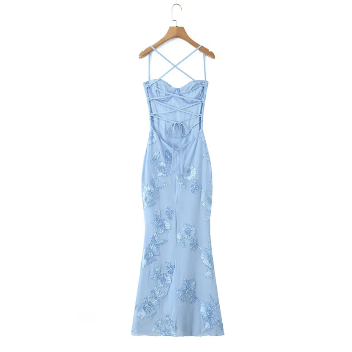 Back view of a light blue mermaid gown with 3D floral embroidery, featuring crisscross spaghetti straps and a lace-up corset back.