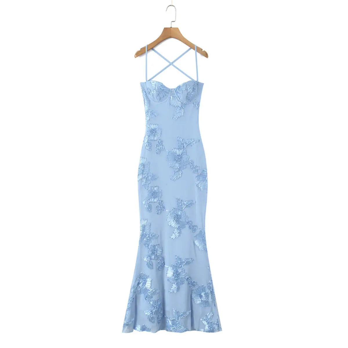  Front view of a light blue mermaid gown with 3D floral embroidery, showcasing the sweetheart bustier and fitted silhouette.

