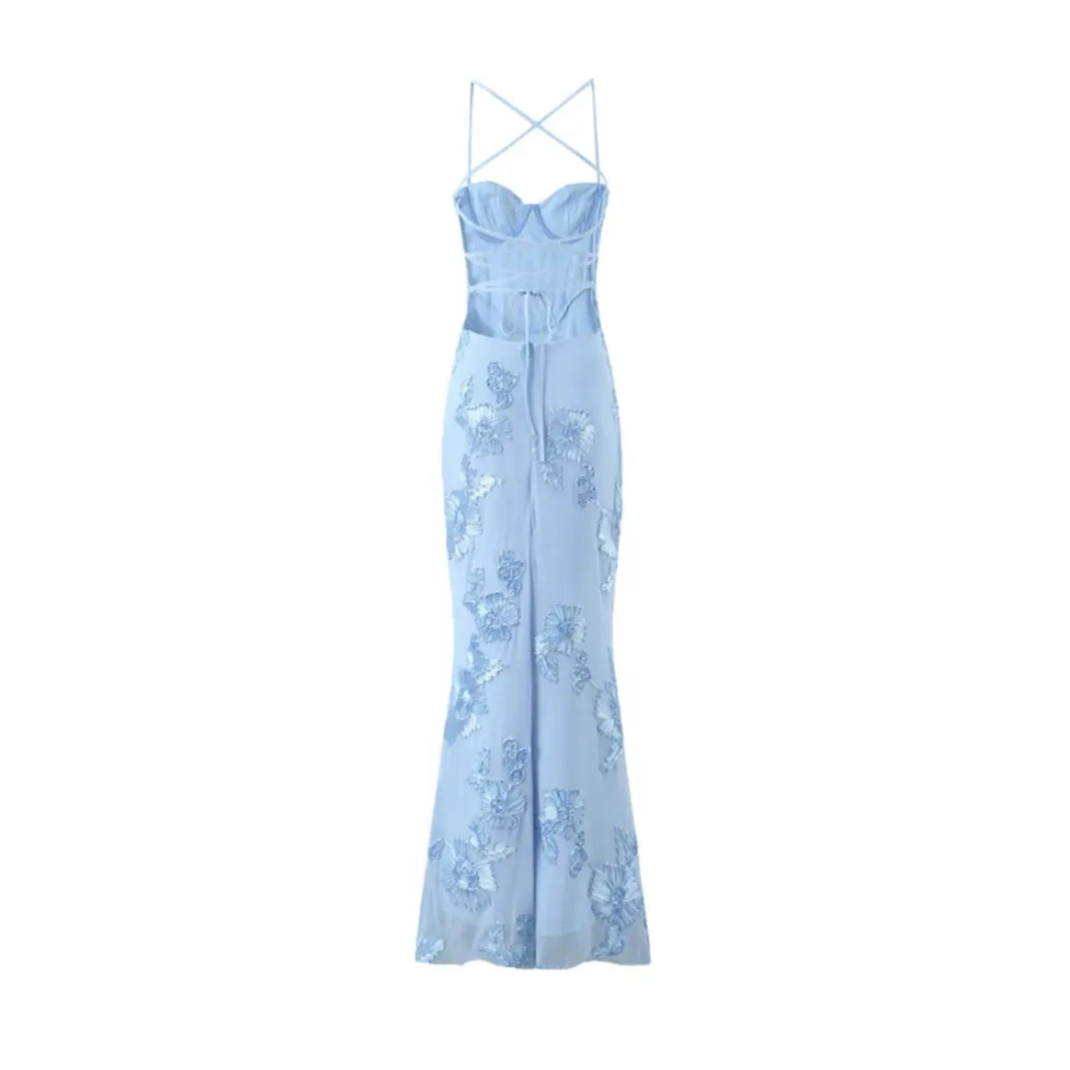 Full back view of a light blue mermaid gown, showing the open lace-up corset back and crisscross straps.