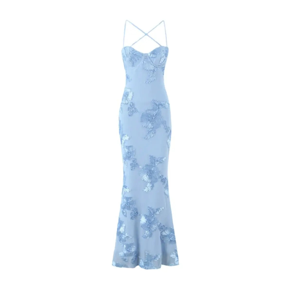 Full front view of a light blue mermaid gown with 3D floral embroidery, sweetheart neckline, and fitted mermaid hem.