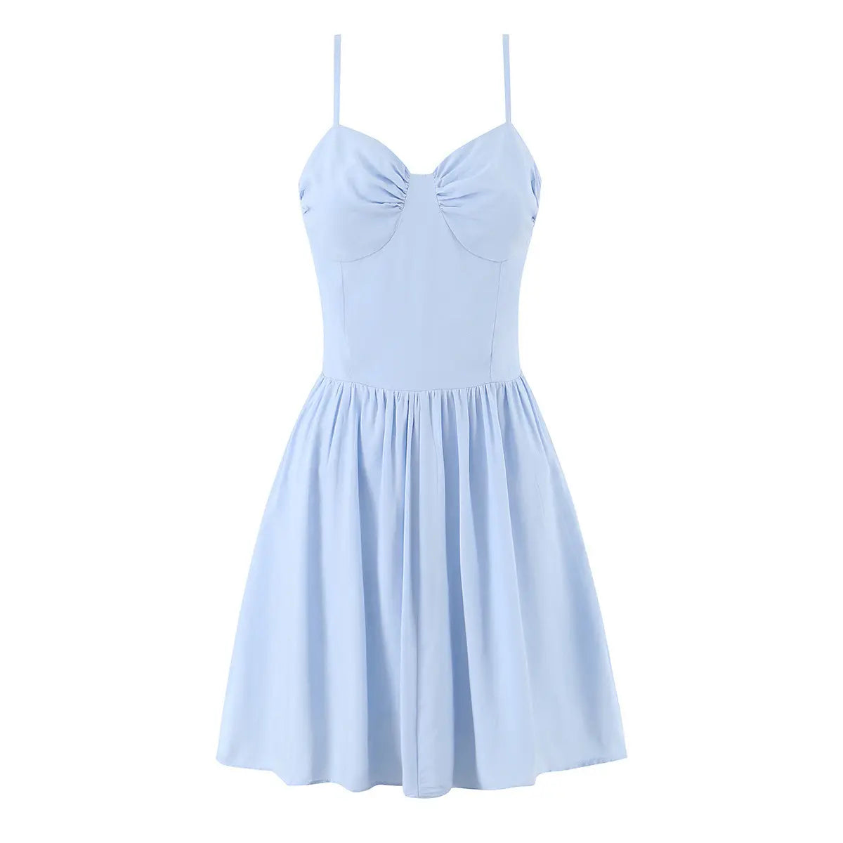 Light blue bow-front cami skater mini dress, full front view on white background