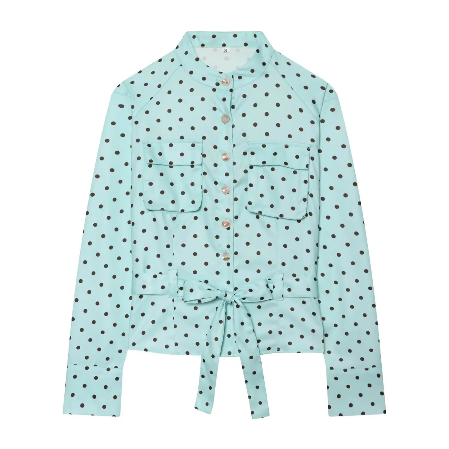 Front flat product shot light blue brown polka dot blouse, mandarin stand collar, front patch pockets, shell buttons, matching waist tie belt, cropped fitted silhouette
