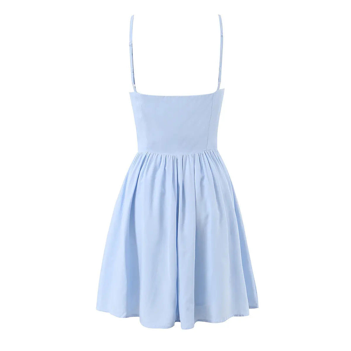 Light blue cami skater mini dress, full back view on white background