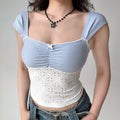 Light blue check white eyelet contrast cami crop top, front ruched bust small bow cap sleeve stretch slim summer y2k top