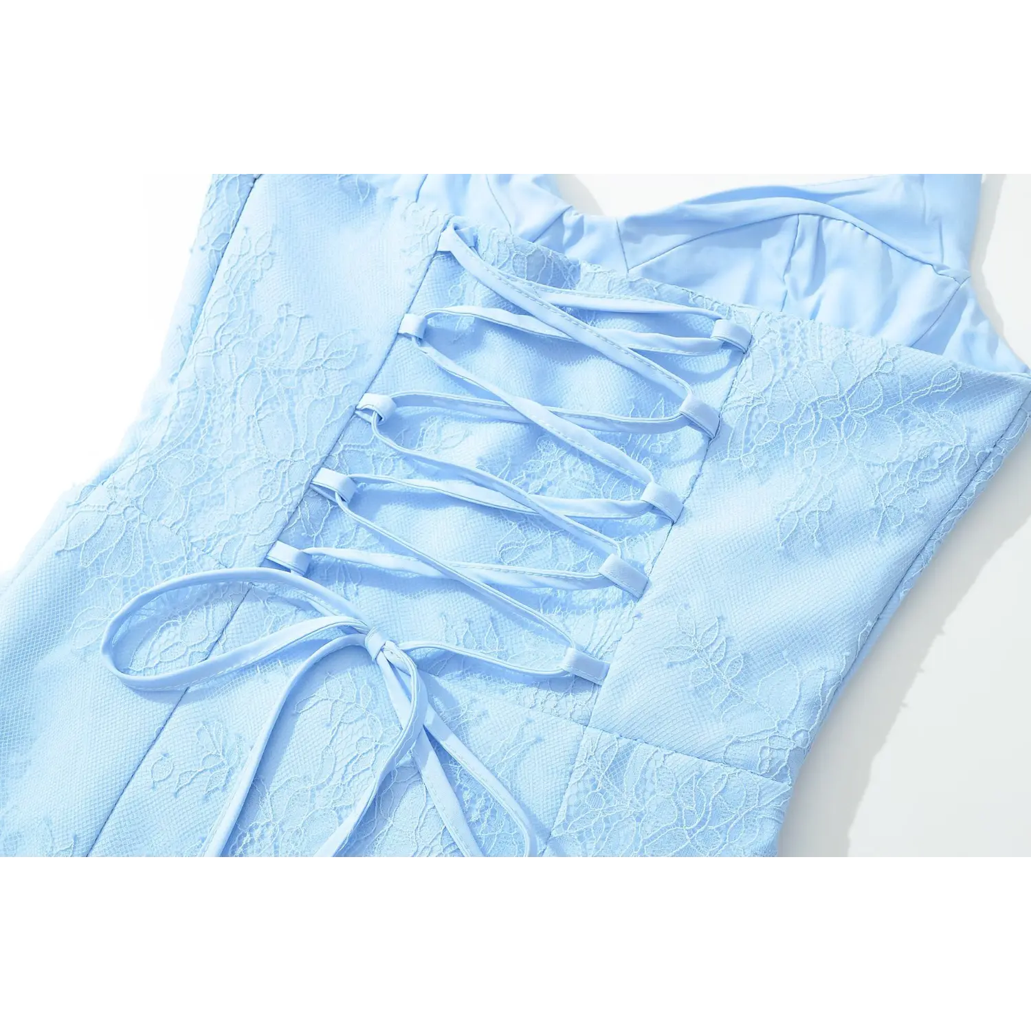Extreme close‑up adjustable corset lace‑up tie detail light blue floral lace halter maxi dress