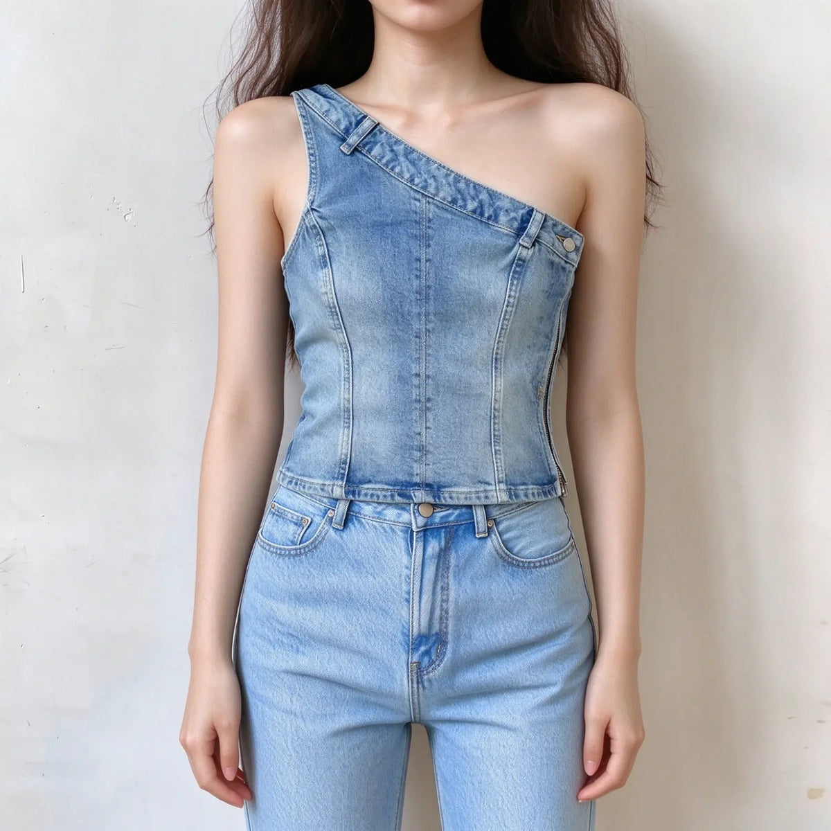 Model wearing light wash denim one shoulder top, asymmetrical neckline, fitted corset silhouette, side zipper, denim fabric, sleeveless design