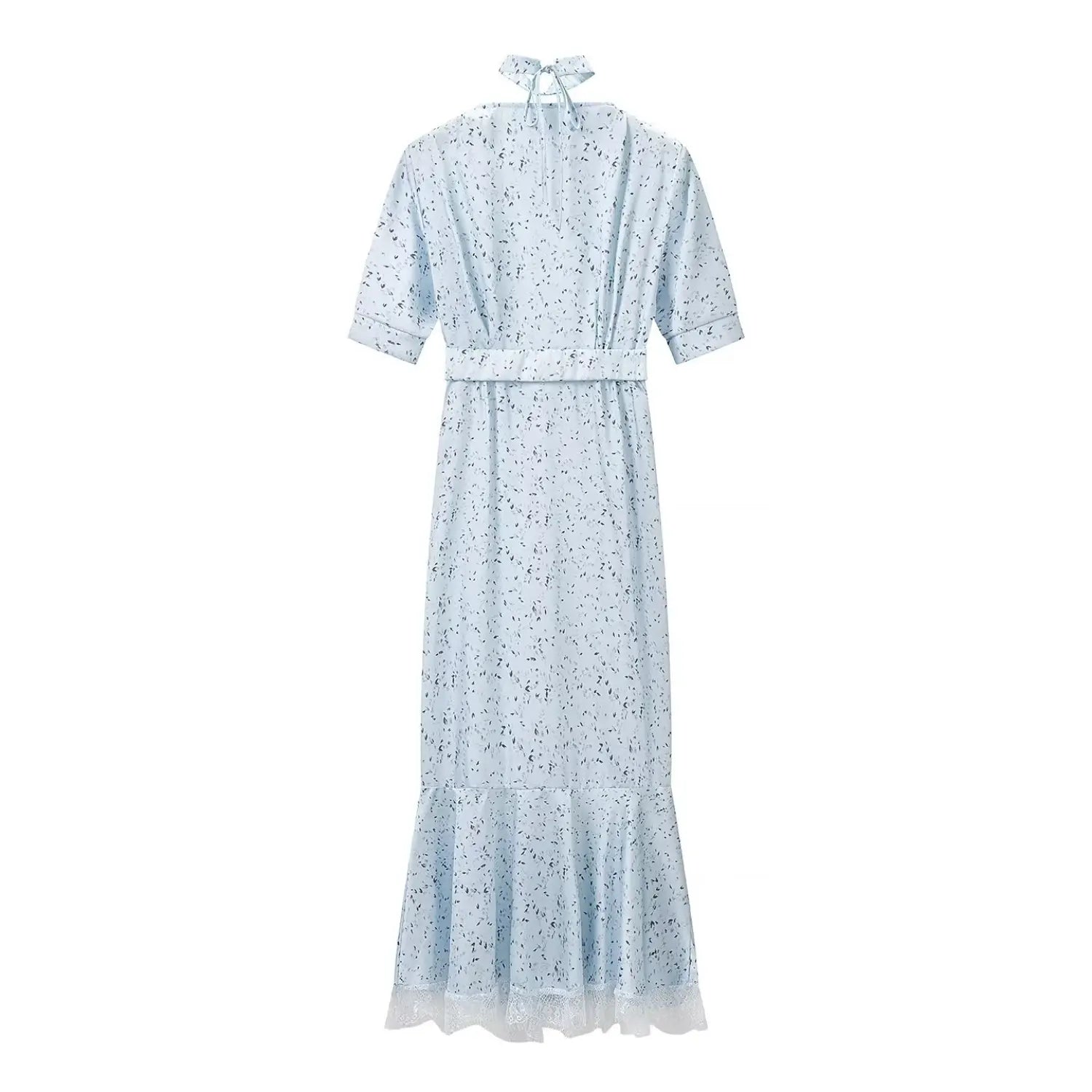 Back view product image light blue ditsy floral maxi dress back zipper halter tie detail short sleeve ruffle lace hem