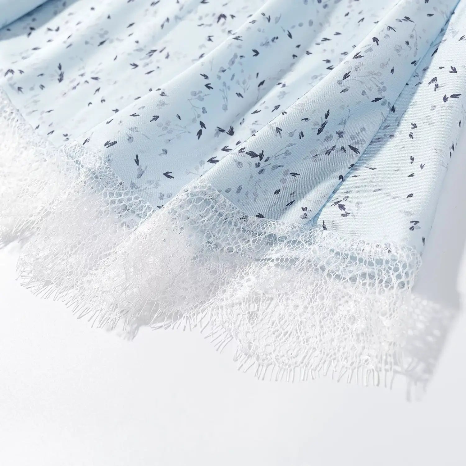 Close‑up white eyelash lace fringe hem edge light blue ditsy floral maxi dress