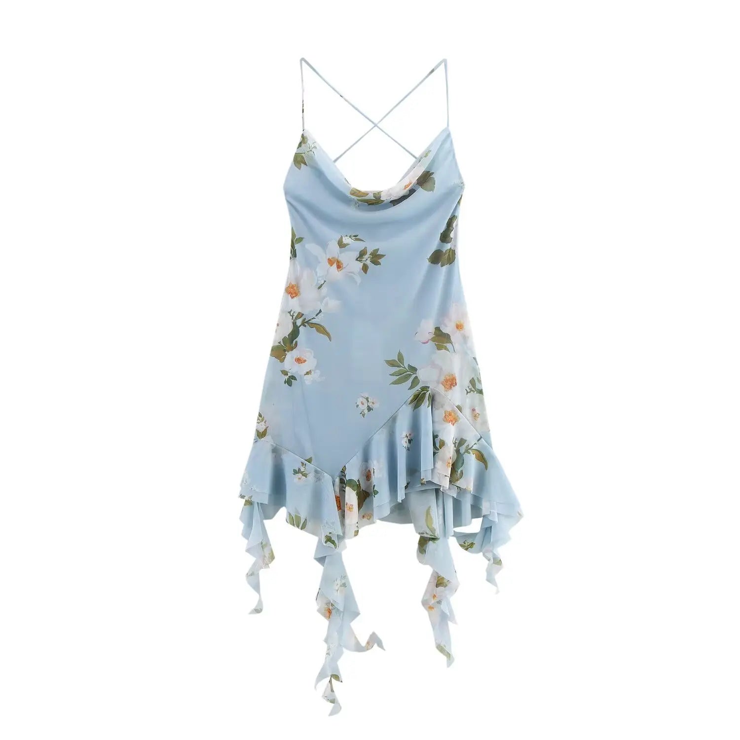 Flat‑lay front view of light blue floral cowl neck mini slip dress, criss‑cross spaghetti straps, asymmetrical ruffled jagged hem with long fabric streamers