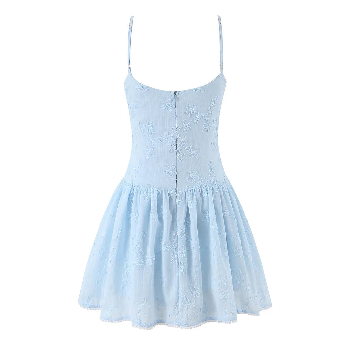 Back view of a light blue spaghetti strap dress with floral embroidery, showing the zipper closure.

