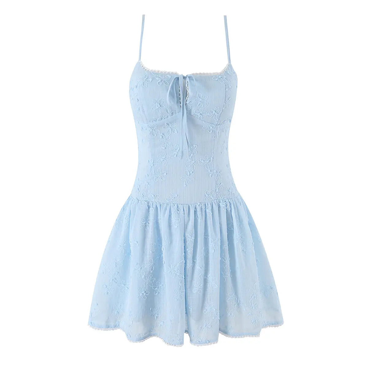 Front view of a light blue spaghetti strap dress with floral embroidery, lace trim, and keyhole tie detail.