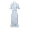 Front flat product shot light blue ditsy floral maxi dress v‑neck lace trim short sleeve belted mermaid hem with detachable neck tie