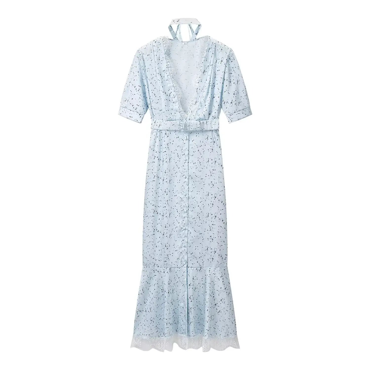 Front flat product shot light blue ditsy floral maxi dress v‑neck lace trim short sleeve belted mermaid hem with detachable neck tie