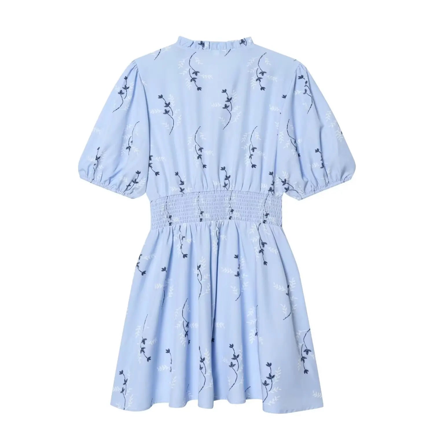 Flat‑lay back view of light blue floral mini dress, smocked elastic waist and puff short sleeves against white background